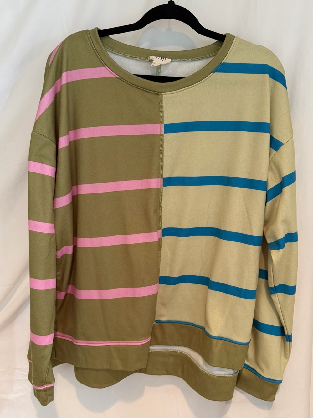 BiBi Olive, Pink & Teal Striped Two-Tone Sweatshirt